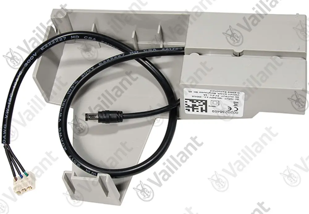 Vaillant Halter mit Netzteil und Kabel, montierbar, Zubehörteil für Heiz- oder Klimaanlagen, in neutraler grauer Farbe, umgeben von einem weißen Hintergrund.